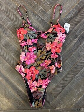 Volcom Island Time Twist One Piece Skimpy Rib Women's Swimsuit M Pink Floral